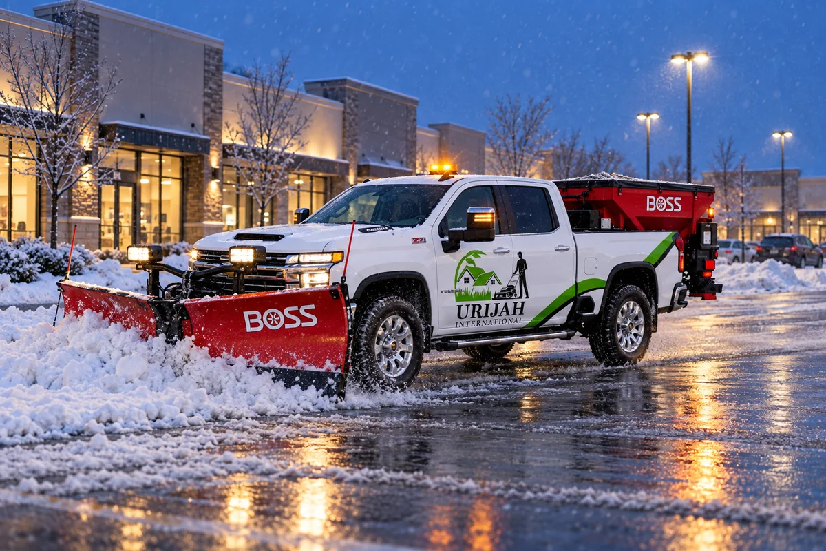 Snowplow truck at a commercial property