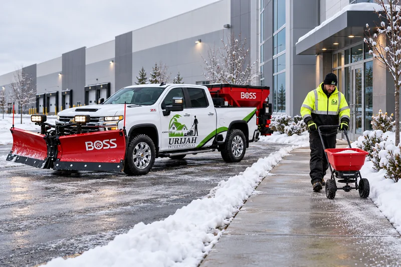 A URIJAH worker salting an industrial walkway beside a snowplow truck