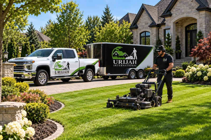 Residential lawn mowing and landscape maintenance illustration