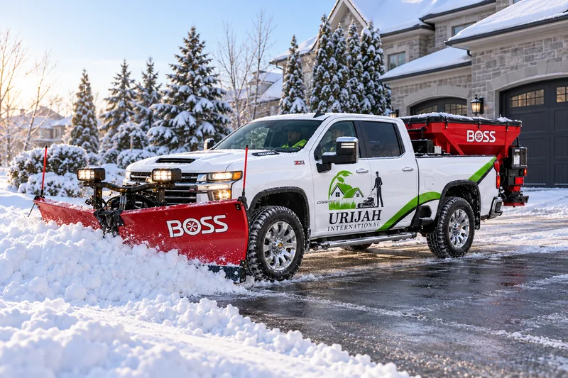 A URIJAH pickup with a red snowplow clearing a residential driveway